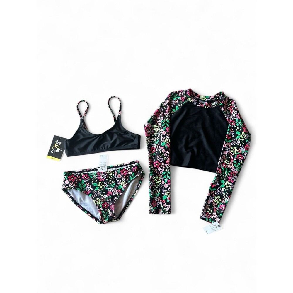 NWT Art Class Girls M 8 Black & Floral 3pc Swim Set Rash Guard Bikini Top Bottom